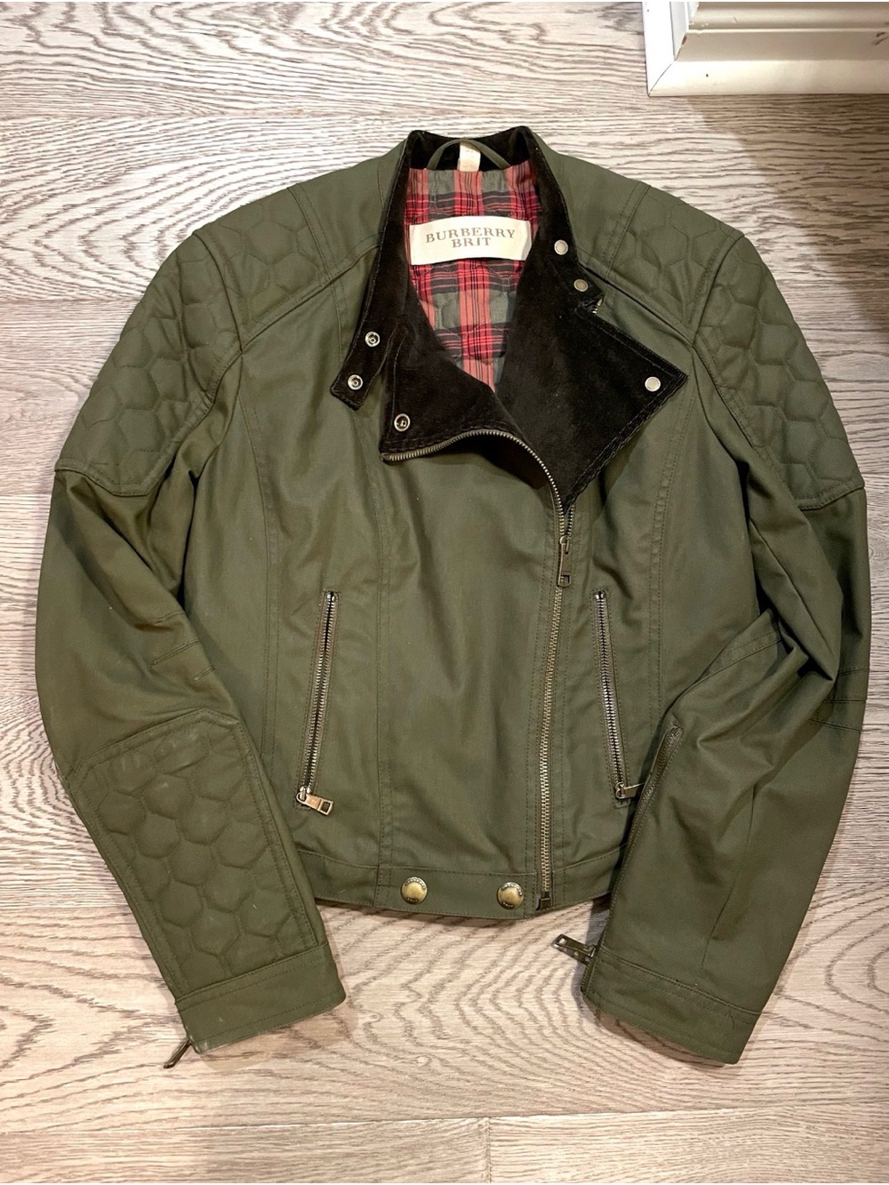 Burberry Olive Green Quilted Sleeve Biker Jacket with Contrast Collar